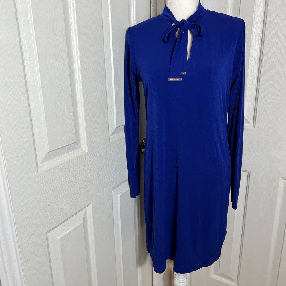 MICHAEL Michael Kors Navy Sheath Neck Tie w/Logo Long Sleeve Jersey Dress Size S